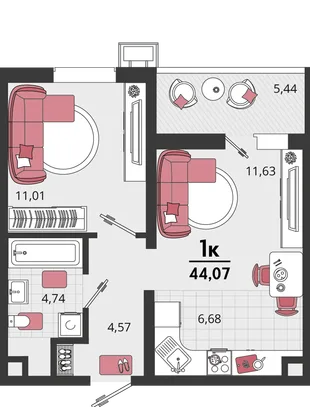 Планировка 2-комн. квартира, 44.07 м² ЖК «Родные просторы»