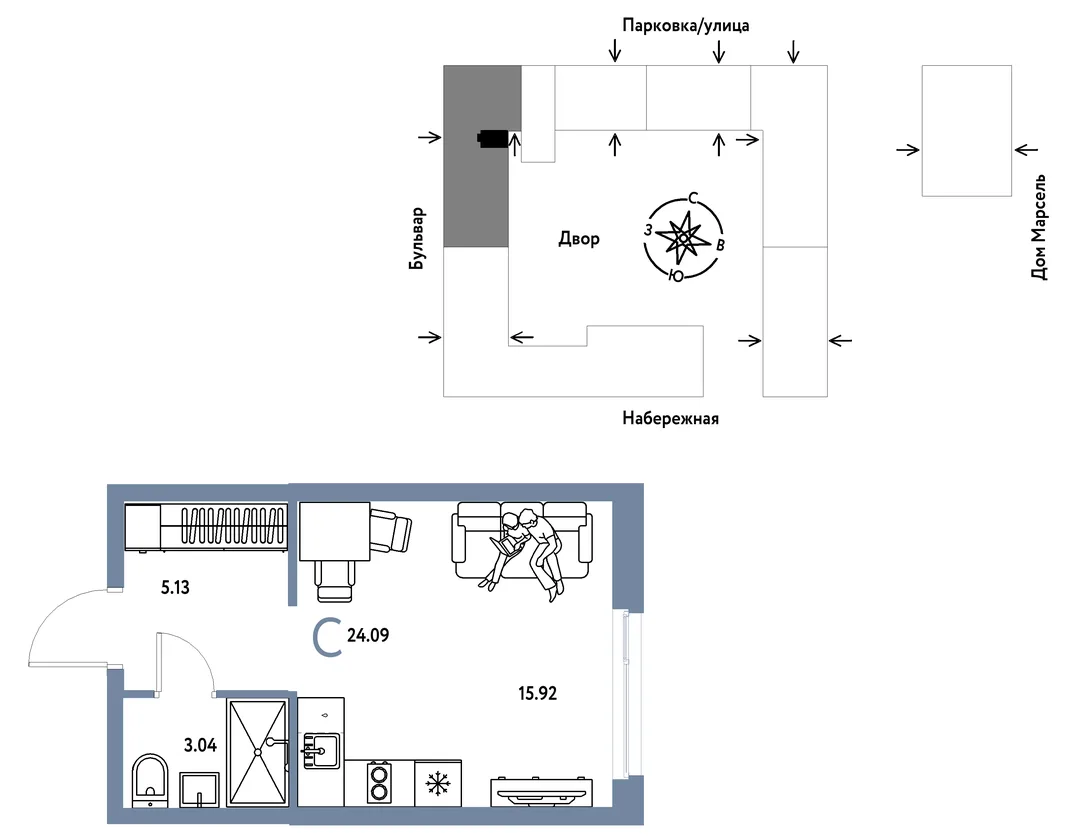 Планировка Студия, 24.09 м² ЖК «Европейский берег 2.0»