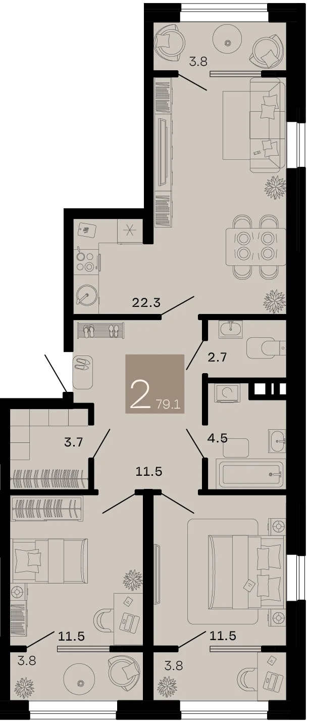 Планировка 2-комн. квартира, 79.1 м² ЖК «Хозяин морей»