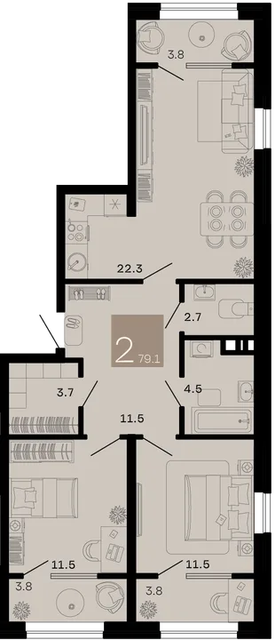 Планировка 2-комн. квартира, 79.1 м² ЖК «Хозяин морей»