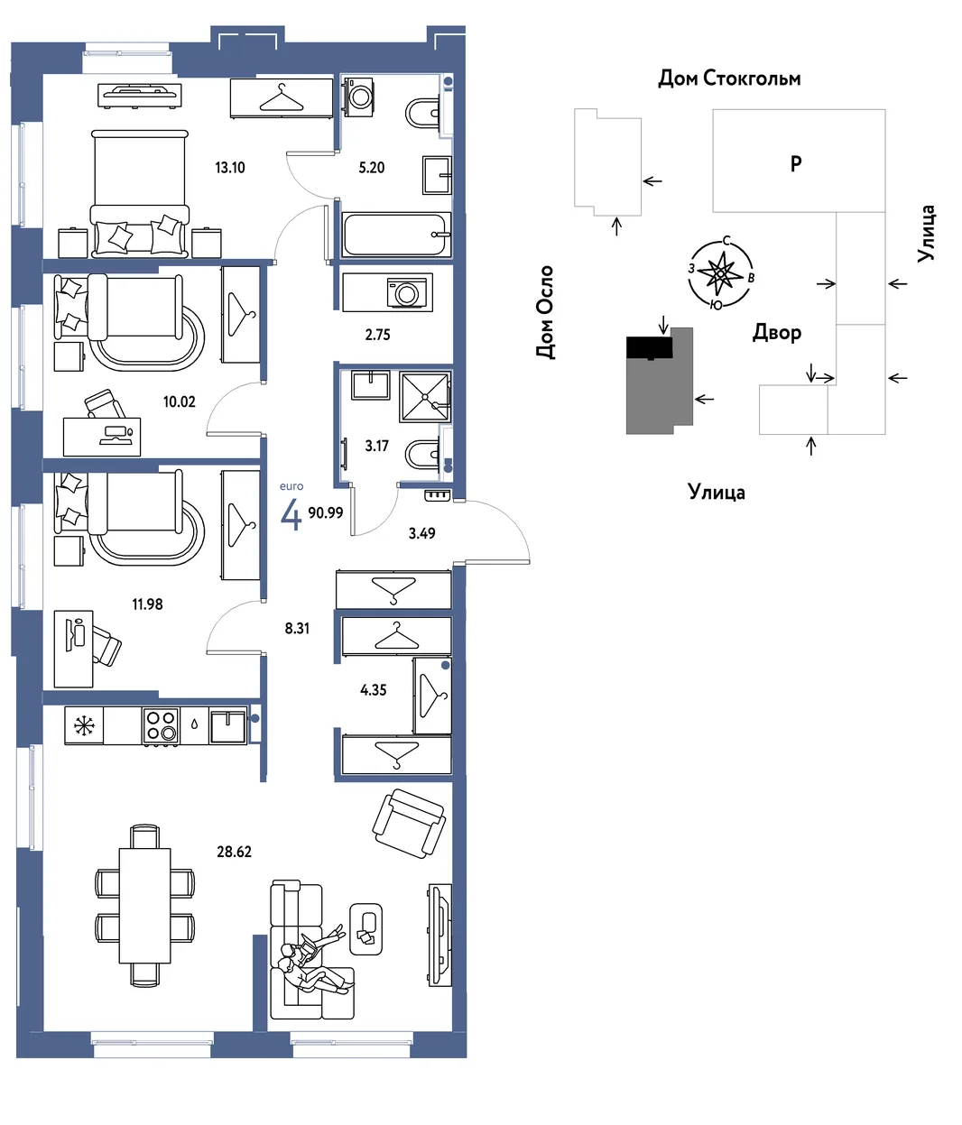 Планировка 4-комн. квартира, 90.99 м² ЖК «Европейский берег 2.0»