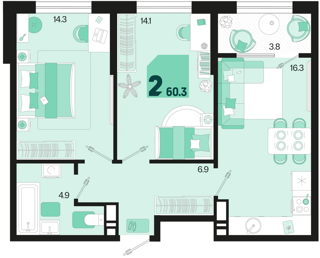 Планировка 2-комн. квартира, 60.3 м² ЖК «Первое место»