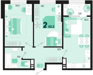 Планировка 2-комн. квартира, 60.3 м² ЖК «Первое место»