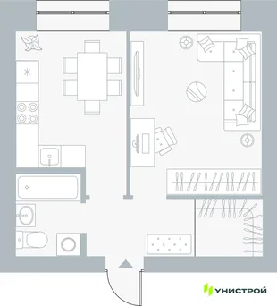 Планировка 1-комн. квартира, 38.3 м² ЖК «Причал»