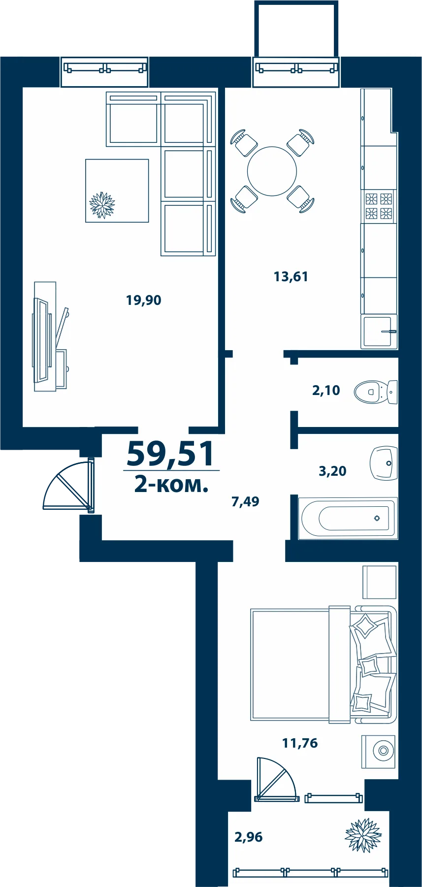 Планировка 2-комн. квартира, 59.51 м² ЖК «Город природы»