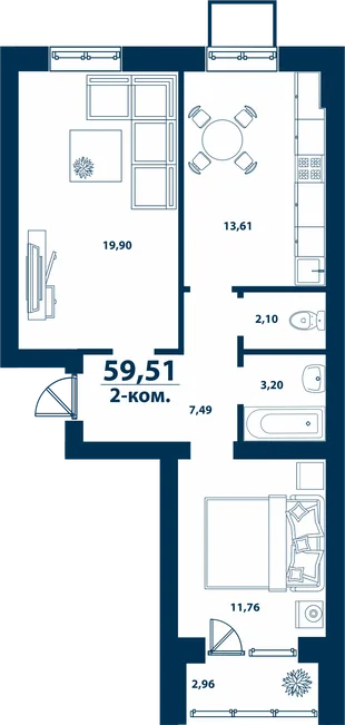 Планировка 2-комн. квартира, 59.51 м² ЖК «Город природы»