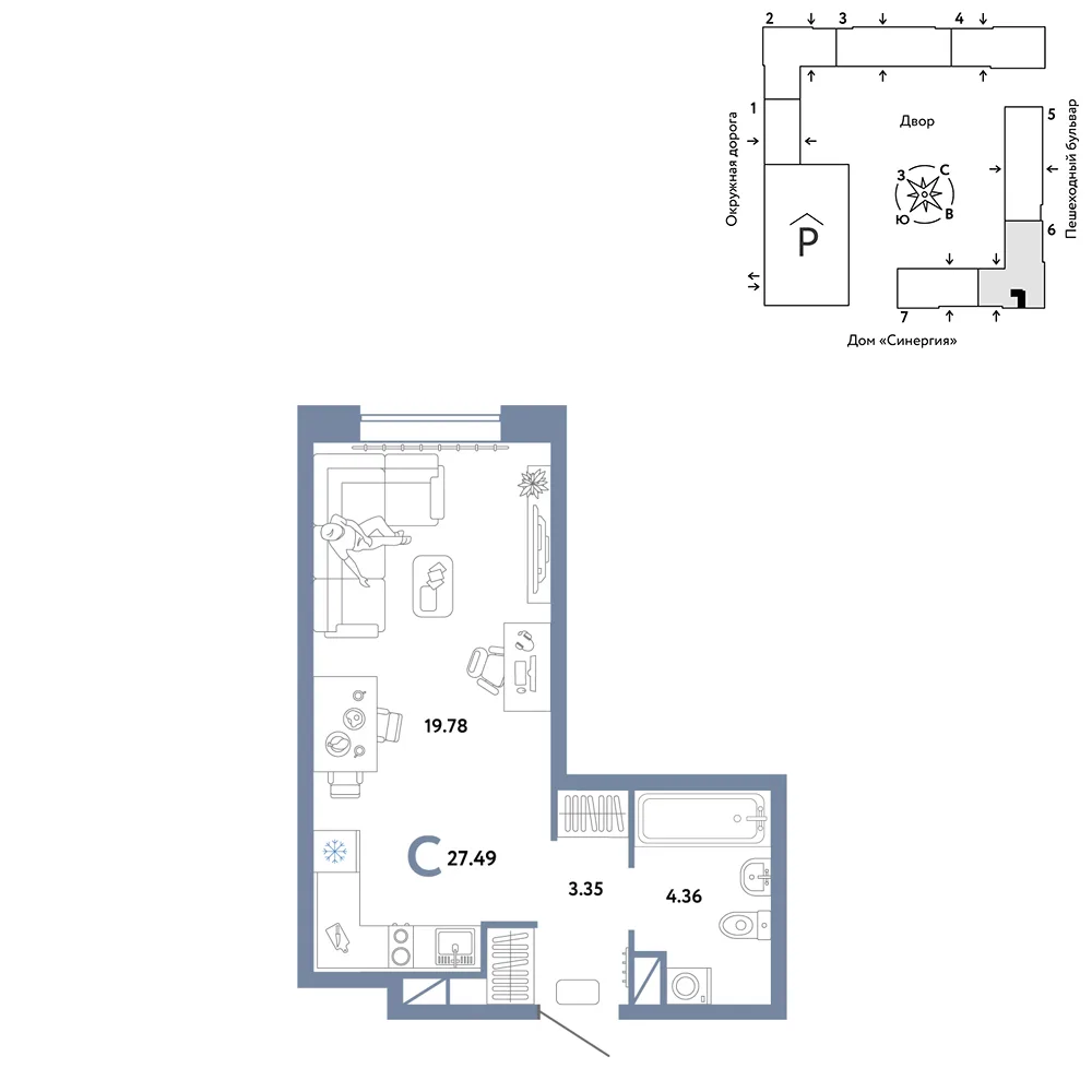 Планировка Студия, 27.49 м² ЖК «Юнион»