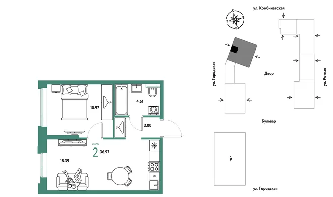Планировка 2-комн. квартира, 36.97 м² ЖК «Уральский сад» Планировка 2-комн. квартира, 36.97 м² ЖК «Уральский сад»