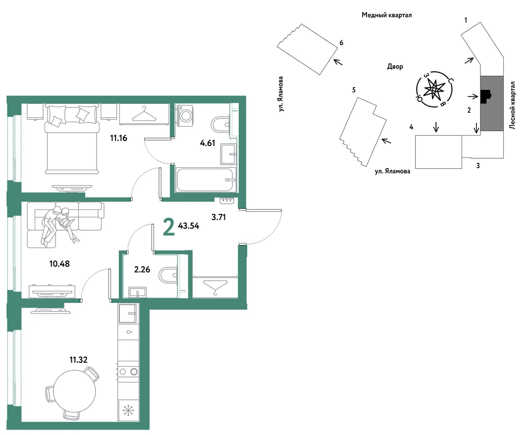 Планировка 2-комн. квартира, 43.54 м² ЖК «Сибирский сад»