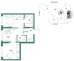 Планировка 2-комн. квартира, 43.54 м² ЖК «Сибирский сад»