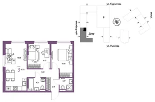 Планировка 3-комн. квартира, 55.72 м² ЖК «Остров-сад»