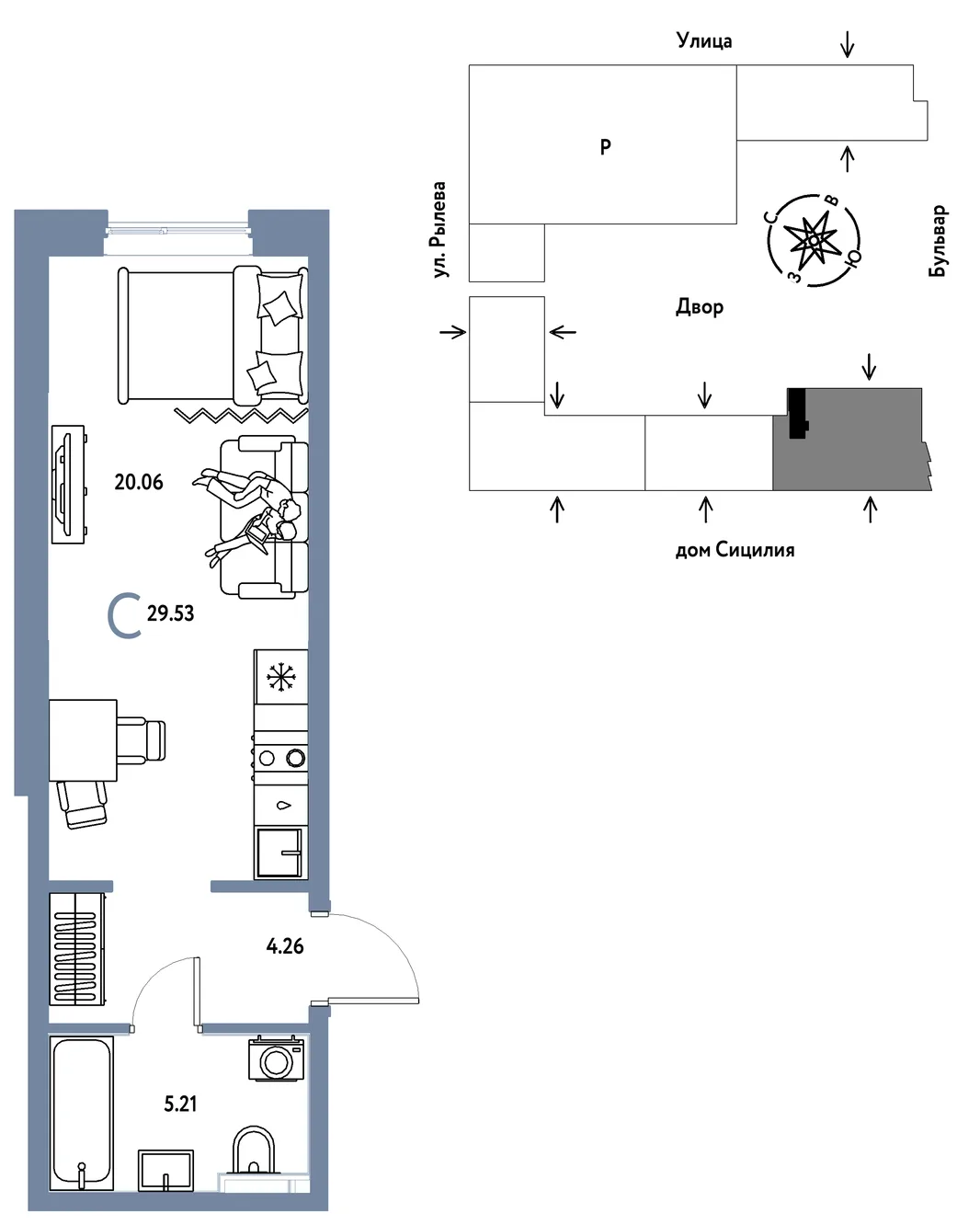 Планировка Студия, 29.53 м² ЖК «Остров-сад»