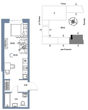 Планировка Студия, 29.53 м² ЖК «Остров-сад»