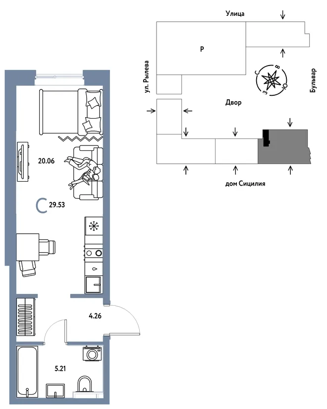 Планировка Студия, 29.53 м² ЖК «Остров-сад» Планировка Студия, 29.53 м² ЖК «Остров-сад»
