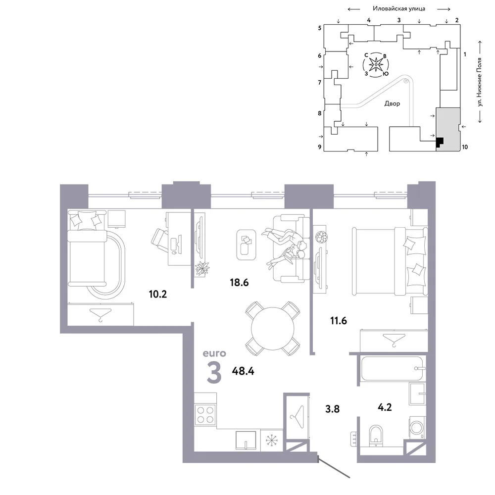 Планировка 3-комн. квартира, 48.4 м² ЖК «Страна.Заречная»