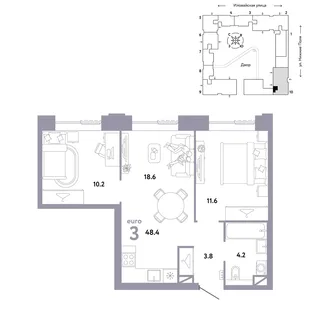 Планировка 3-комн. квартира, 48.4 м² ЖК «Страна.Заречная»