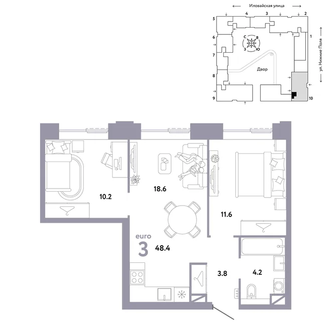Планировка 3-комн. квартира, 48.4 м² ЖК «Страна.Заречная» Планировка 3-комн. квартира, 48.4 м² ЖК «Страна.Заречная»
