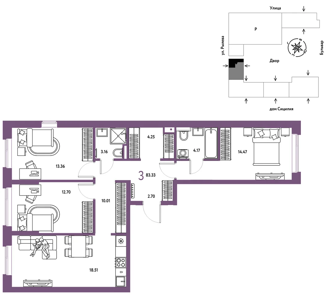 Планировка 3-комн. квартира, 83.33 м² ЖК «Остров-сад»