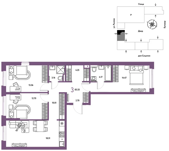 Планировка 3-комн. квартира, 83.33 м² ЖК «Остров-сад»