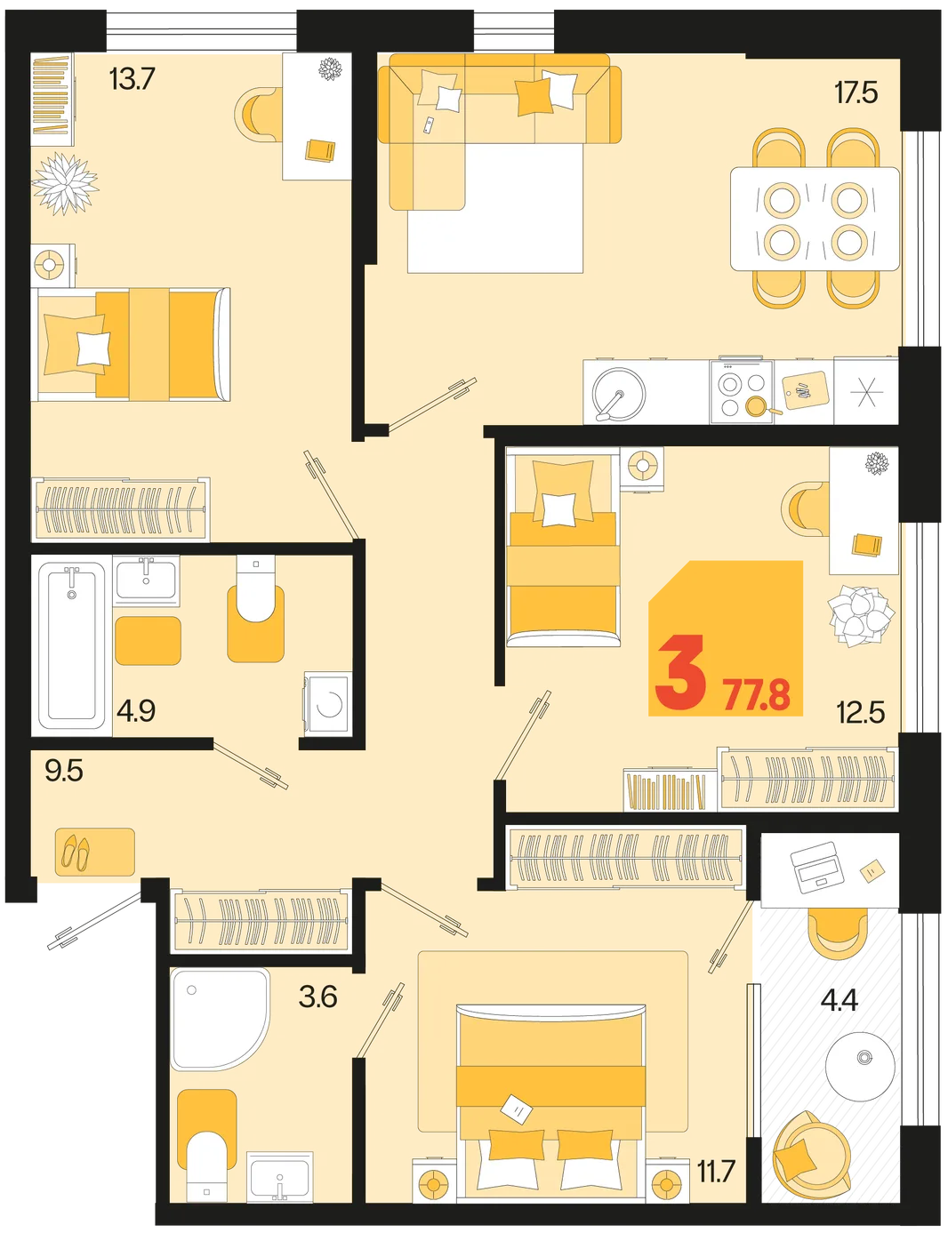 Планировка 3-комн. квартира, 77.8 м² ЖК «Первое место»