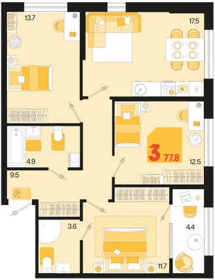 Планировка 3-комн. квартира, 77.8 м² ЖК «Первое место»