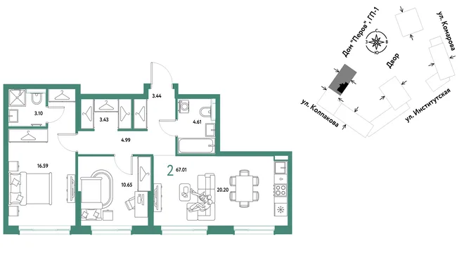 Планировка 2-комн. квартира, 67.01 м² ЖК «Страна.Парковая» Планировка 2-комн. квартира, 67.01 м² ЖК «Страна.Парковая»