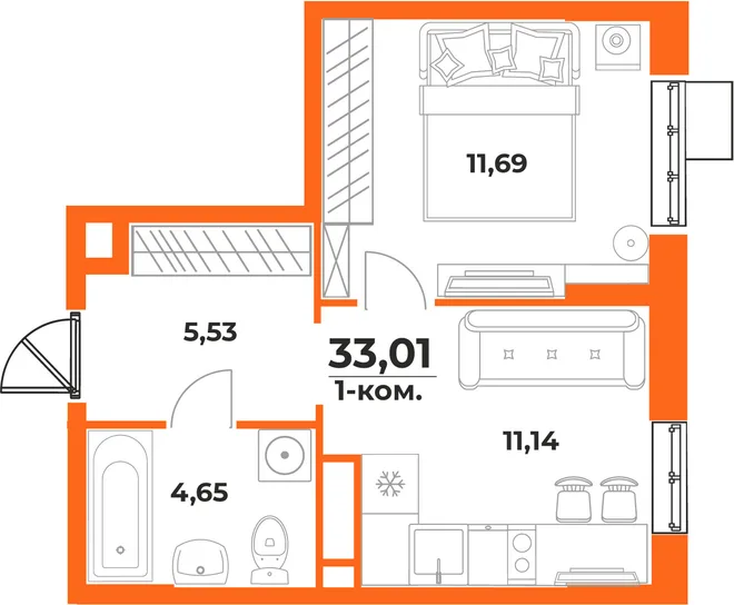 Планировка 1-комн. квартира, 33.01 м² ЖК «Живописный сад» Планировка 1-комн. квартира, 33.01 м² ЖК «Живописный сад»