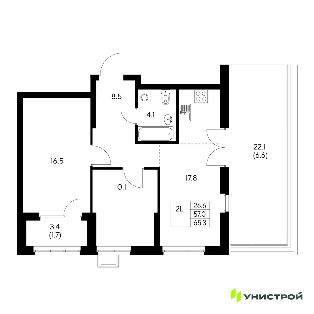 Планировка 2-комн. квартира, 65.3 м² ЖК «Стадиум»