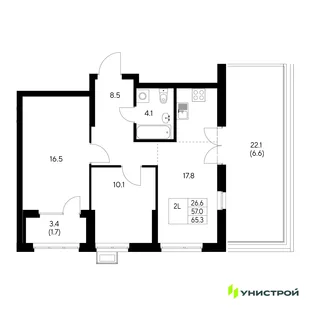 Планировка 2-комн. квартира, 65.3 м² ЖК «Стадиум»