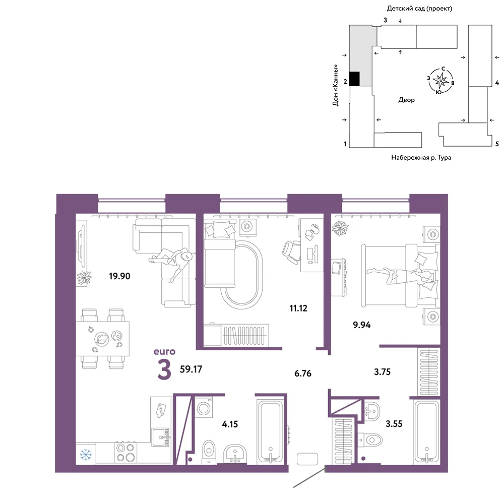 Планировка 3-комн. квартира, 59.17 м² ЖК «Европейский берег 2.0»