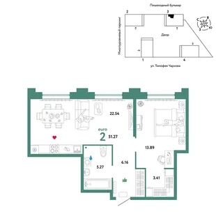 Планировка 2-комн. квартира, 51.27 м² ЖК «Микрорайон Звездный»
