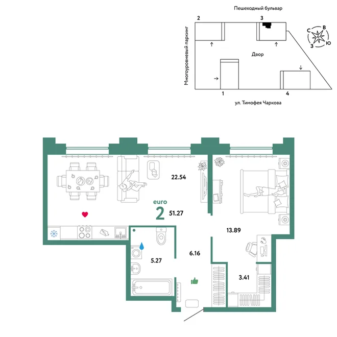 Планировка 2-комн. квартира, 51.27 м² ЖК «Микрорайон Звездный» Планировка 2-комн. квартира, 51.27 м² ЖК «Микрорайон Звездный»