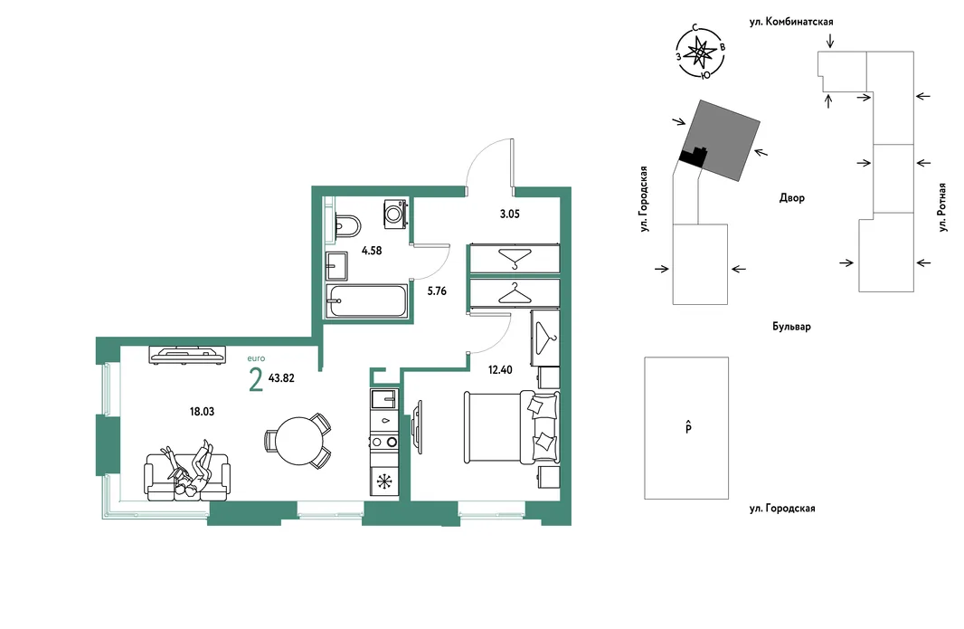Планировка 2-комн. квартира, 43.82 м² ЖК «Уральский сад»