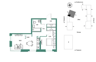 Планировка 2-комн. квартира, 43.82 м² ЖК «Уральский сад»