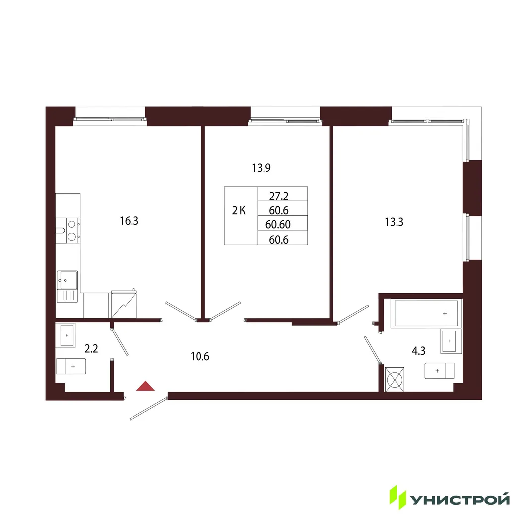Планировка 2-комн. квартира, 60.6 м² ЖК «Лисино»