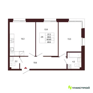 Планировка 2-комн. квартира, 60.6 м² ЖК «Лисино»