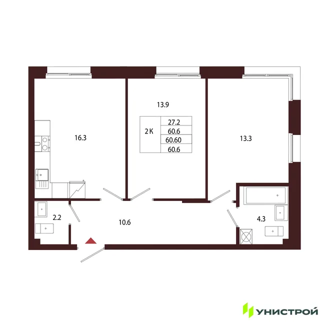Планировка 2-комн. квартира, 60.6 м² ЖК «Лисино» Планировка 2-комн. квартира, 60.6 м² ЖК «Лисино»