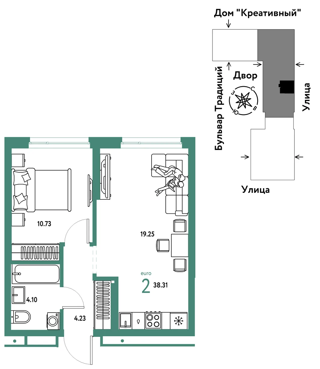 Планировка 2-комн. квартира, 38.31 м² ЖК «Микрорайон Домашний»