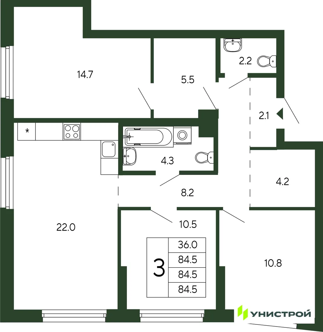 Планировка 3-комн. квартира, 84.5 м² ЖК «Парковый квартал 2.0»