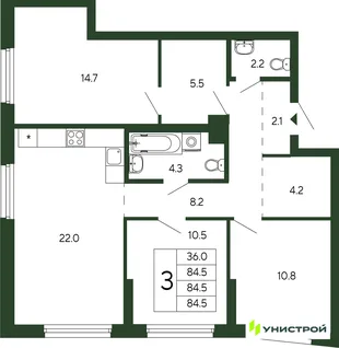 Планировка 3-комн. квартира, 84.5 м² ЖК «Парковый квартал 2.0»