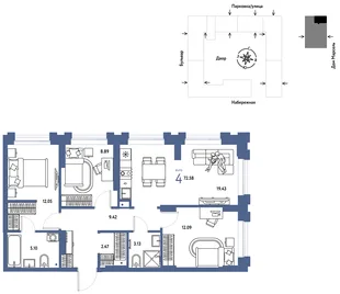 Планировка 4-комн. квартира, 72.58 м² ЖК «Европейский берег 2.0»