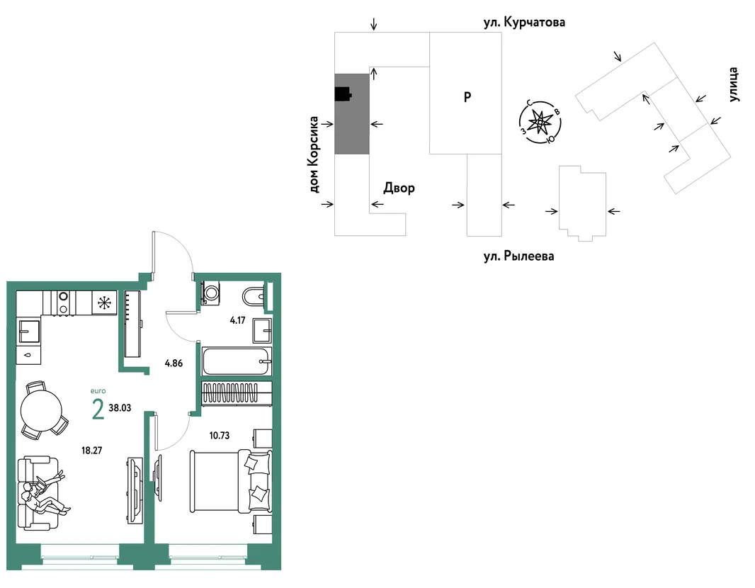 Планировка 2-комн. квартира, 38.03 м² ЖК «Остров-сад»