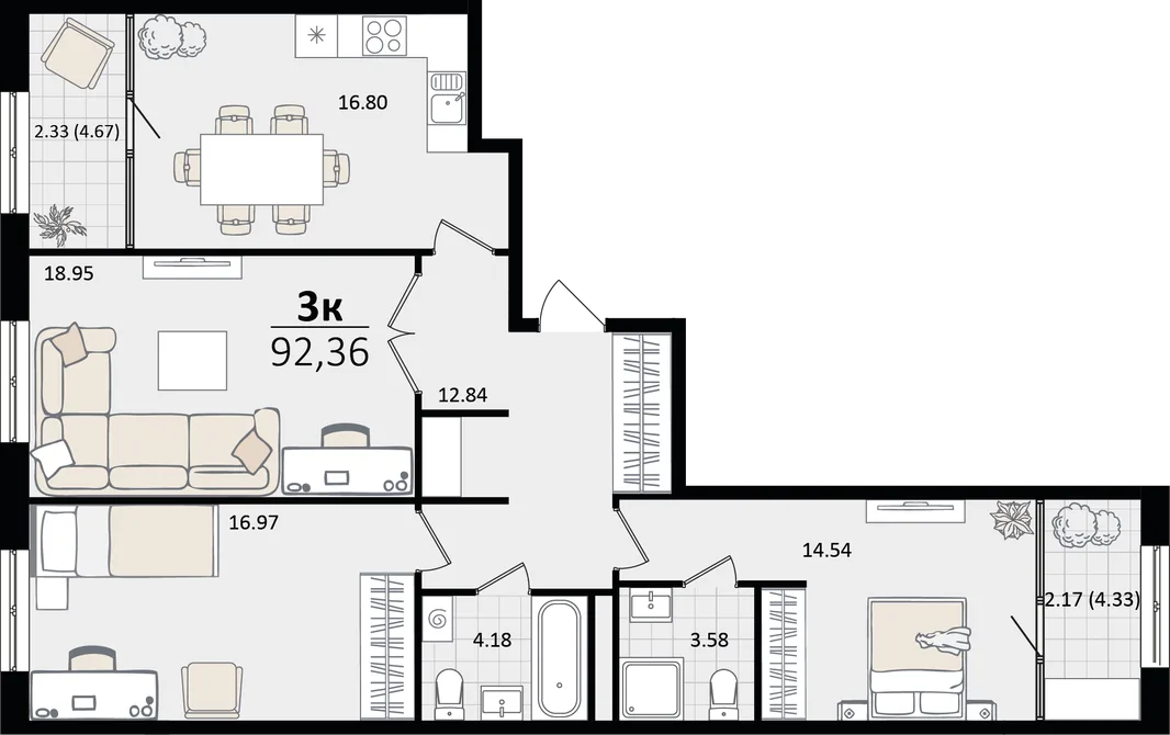 Планировка 3-комн. квартира, 92.36 м² ЖК «Патрики»