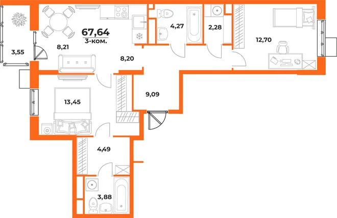 Планировка 3-комн. квартира, 67.64 м² ЖК «Живописный сад» Планировка 3-комн. квартира, 67.64 м² ЖК «Живописный сад»