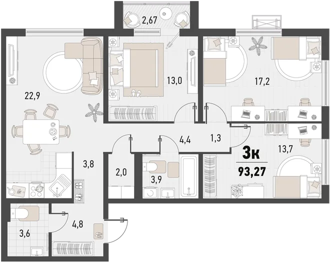 Планировка 3-комн. квартира, 93.27 м² ЖК «Барса» Планировка 3-комн. квартира, 93.27 м² ЖК «Барса»