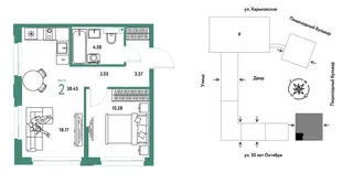 Планировка 2-комн. квартира, 38.43 м² ЖК «Сердце Сибири»