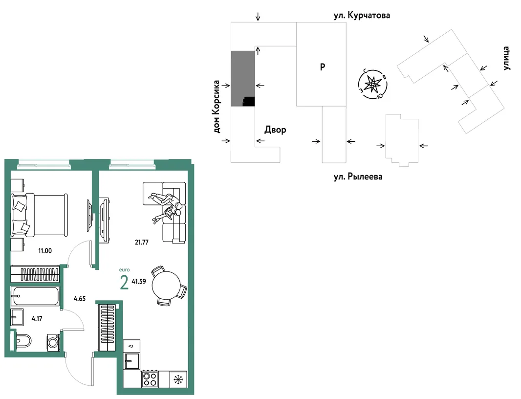 Планировка 2-комн. квартира, 41.59 м² ЖК «Остров-сад»