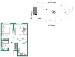 Планировка 2-комн. квартира, 41.59 м² ЖК «Остров-сад»
