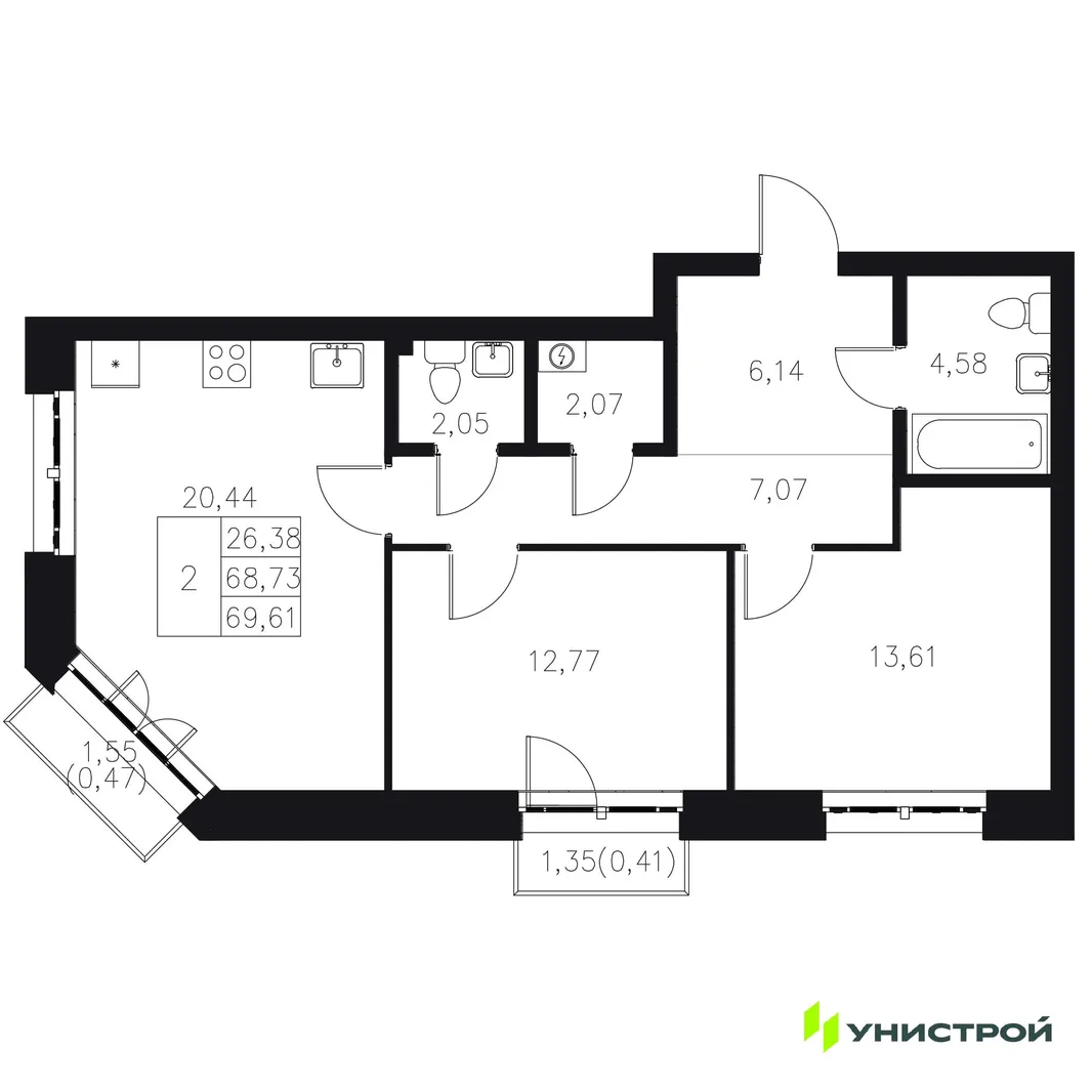 Планировка 2-комн. квартира, 69.61 м² ЖК «Statum»