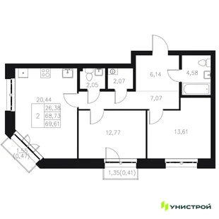Планировка 2-комн. квартира, 69.61 м² ЖК «Statum»